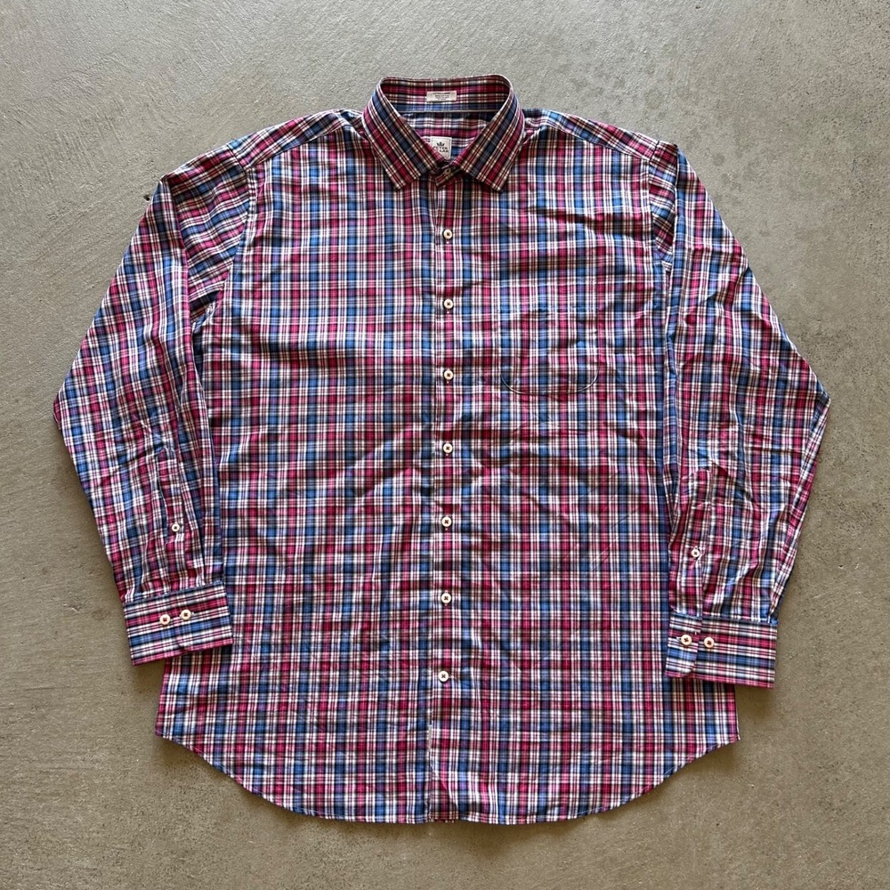 Peter Millar Shirt Size XL Red Blue Plaid Long Sleeve Crown Craft Button Down